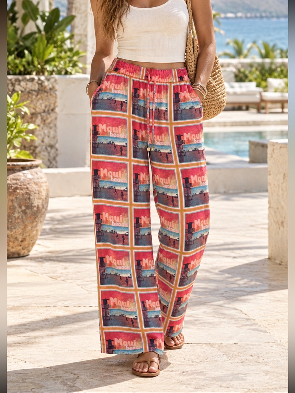 C&C California Linen Blend Multicolor Maui Print Wide-Leg Pants